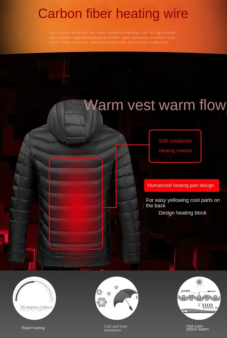 Heating Jacket อุณหภูมิอัจฉริยะอัจฉริยะ USB เครื่องทำความร้อนผ้าฝ้ายแจ็คเก็ต Hooded ความร้อน Warm เสื้อแจ็คเก็ตผ้าฝ้ายสำหรับผู้ชายและผู้หญิง