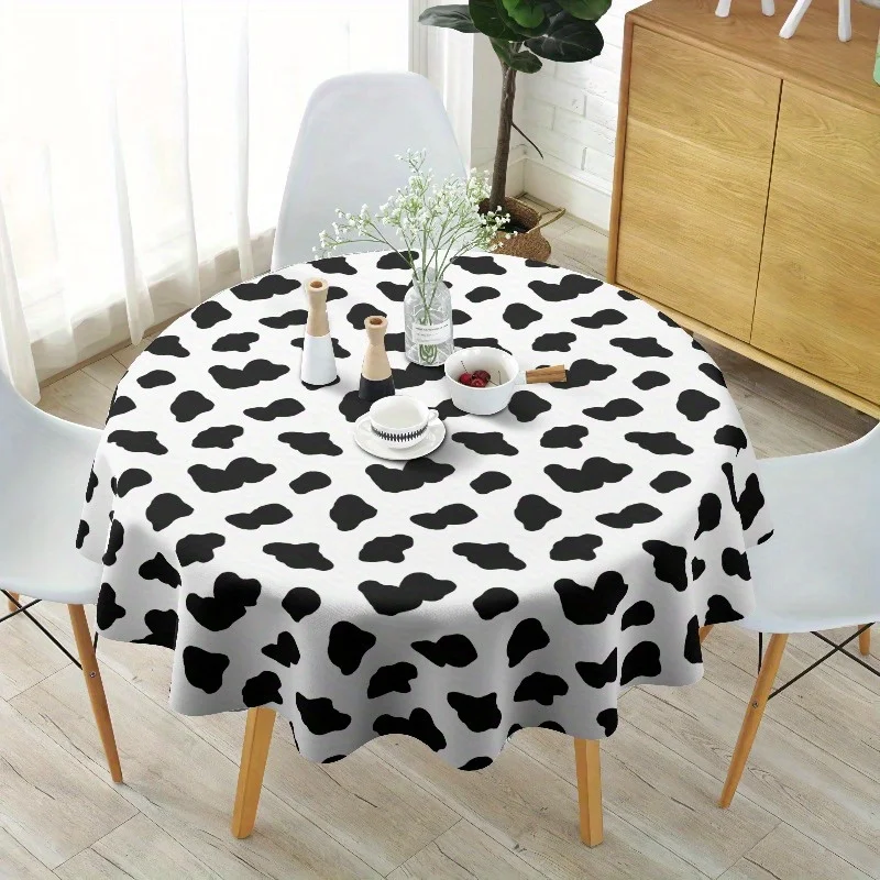 One piece of cow-pattern tablecloth for round table, 60-inch polyester tablecloth for party table decoration.
