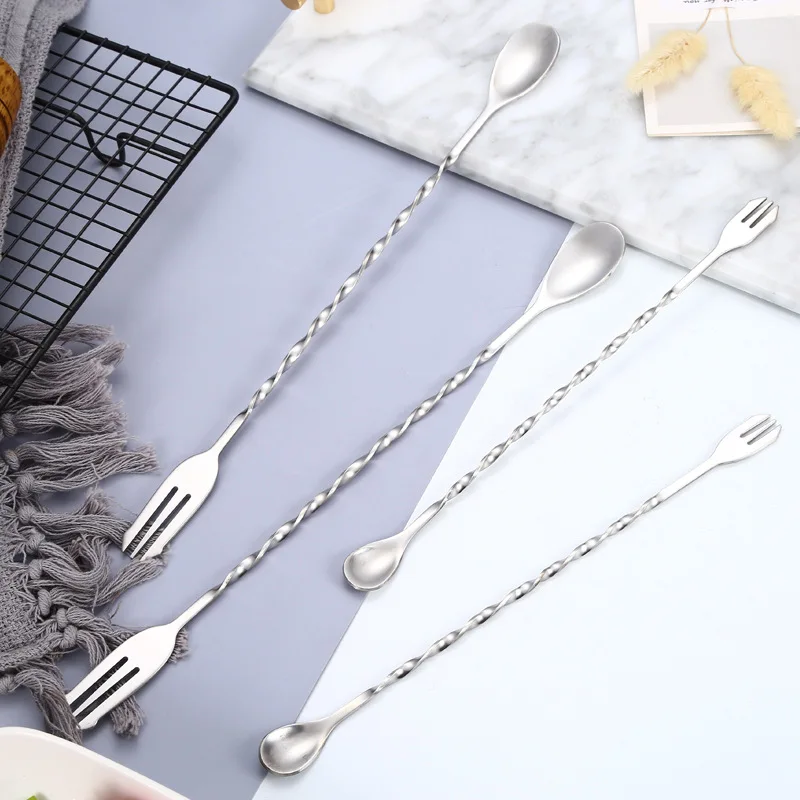 New Long Handle Cocktail Mixing Spoon Fork 304 Stainless Steel Whisky Stir Rod Bartender Muddlers Kitchen Bar Accessorie 26/32CM