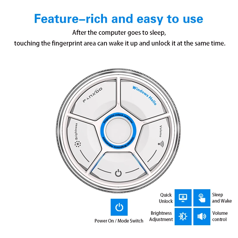 Fanxoo USB Fingerprint Scanner Desktop Power Button for Desktop PCs Win 10/11 - Biometric Power Button Fingerprint Unlock