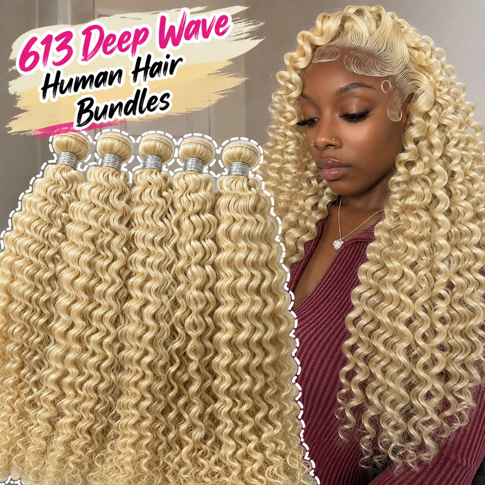 SMILEGIRL 613 Deep Wave Hair Malaysian Curly Human Hair Weave Bundles 26 28 30 inch Deep Wave Platinum Blonde Hair 1 3 4 Bundle Deals