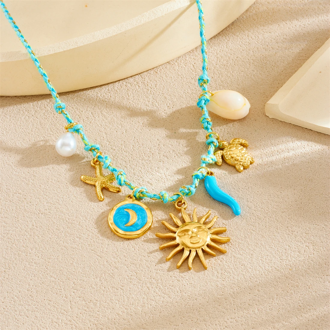316L Stainless Steel Blue Drip Oil Moon Pepper Face Sun Starfish Tortoise Necklace Women Trendy Ocean Style Neck Chain