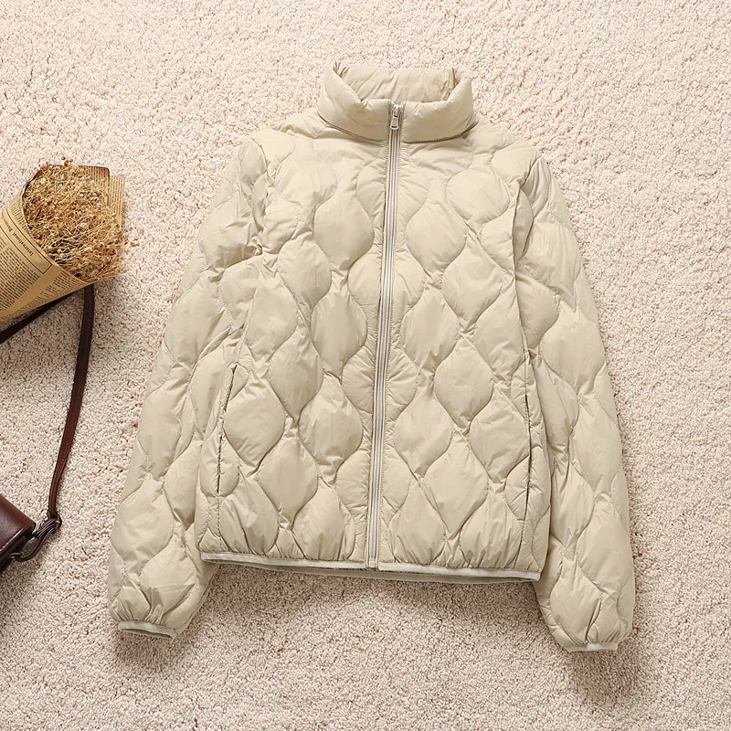 

Осень-зима 2025 г., новый легкий женский пуховик в корейском стиле, модное теплое повседневное женское пальто с вертикальным воротником