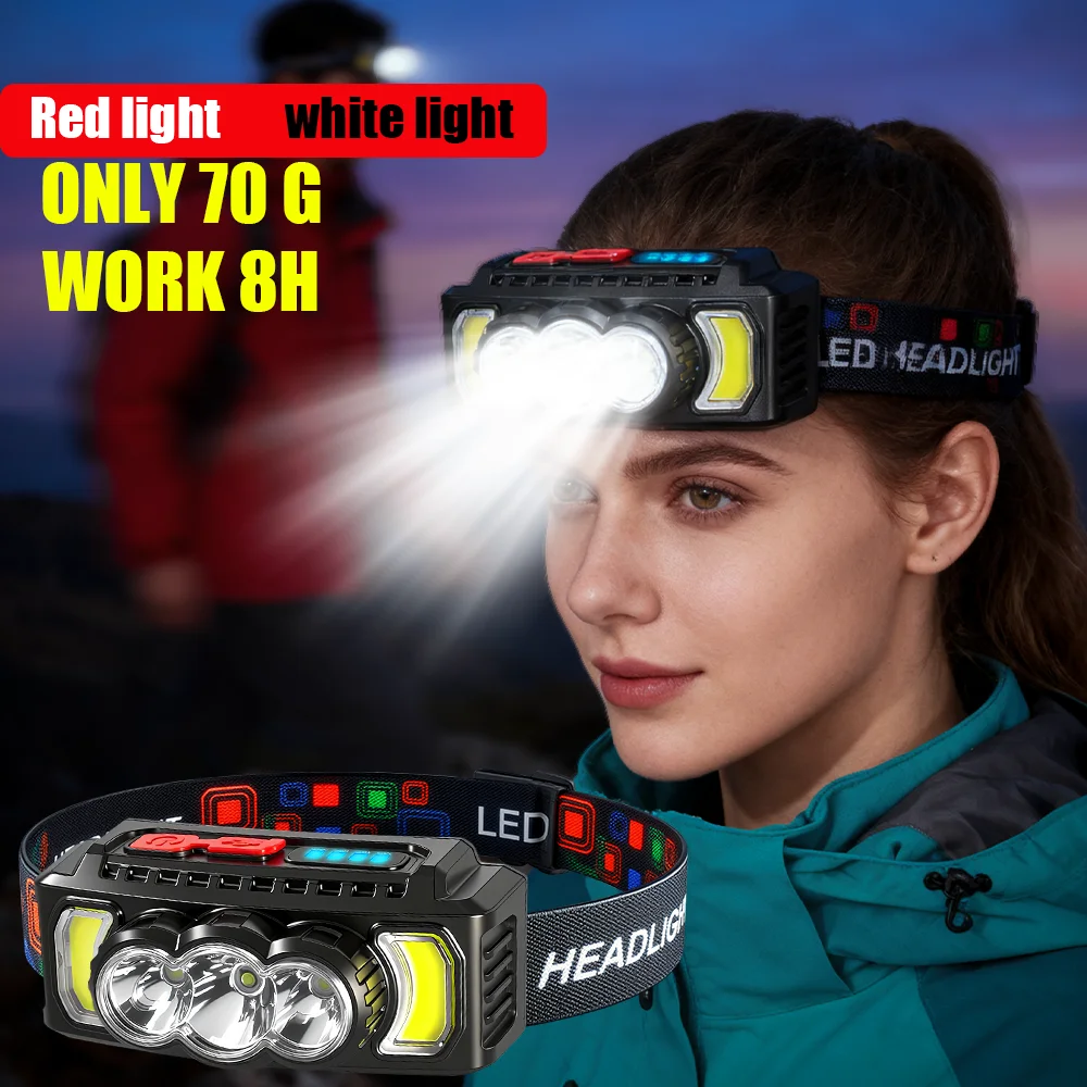 

Мощный светодиодный налобный фонарь, перезаряжаемый через USB налобный фонарь со встроенной батареей 18650, регулируемый налобный фонарик для бега, пешего туризма, скалолазания