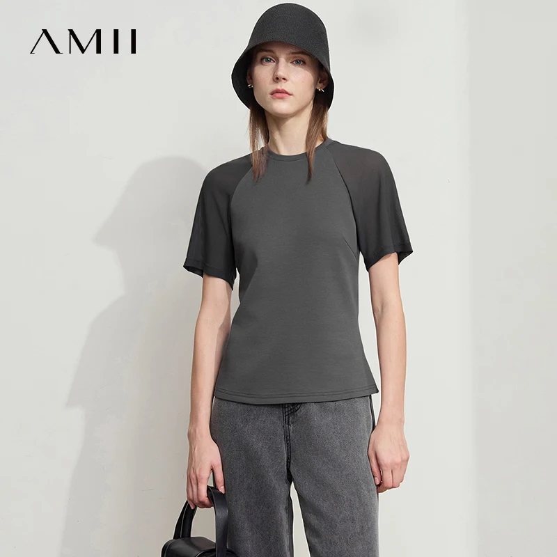

Amii Top For Women Minimalist Summer New Style Versatile O-Neck Mesh Yarn Air Layer Slim Fit Slimming Casual T-Shirt 12522152