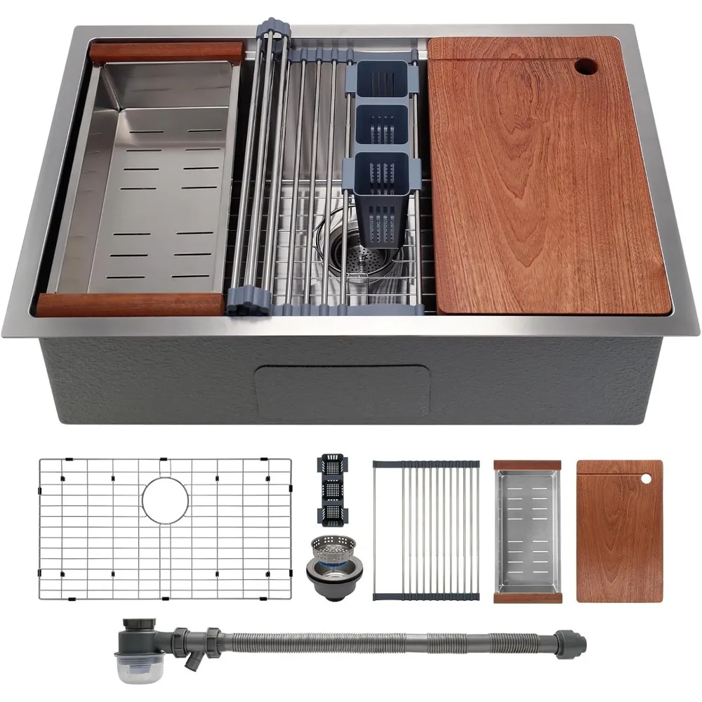 

32x19 Undermount Workstation Single Bowl Kitchen Sink Stainless Steel Handmade with Accessories