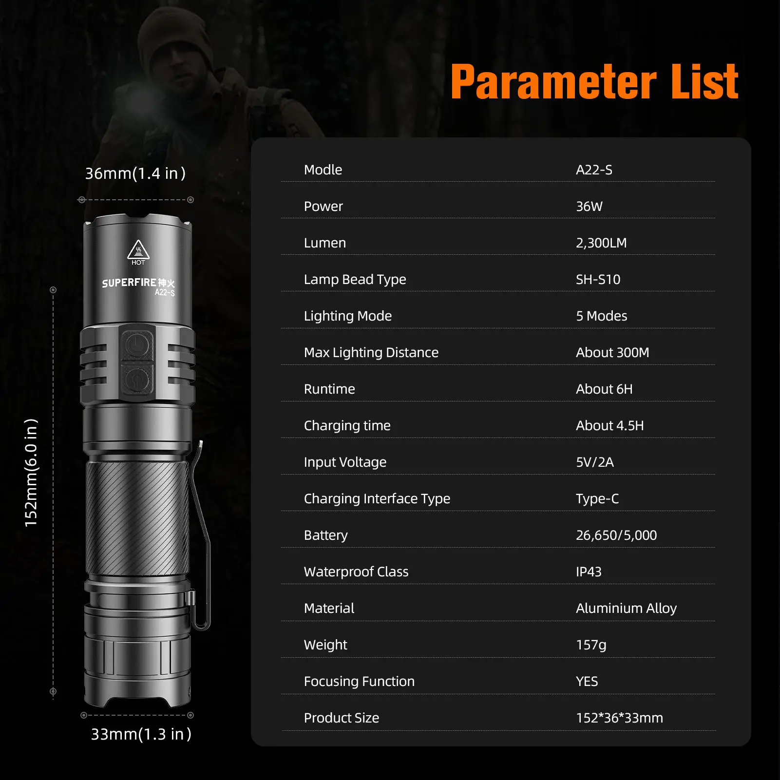 SUPERFIRE A22-S Rechargeable Torch 36W Tactical Flashlights Zoomable LED 2300lm Power Indicator USB C with Gear Memory Function