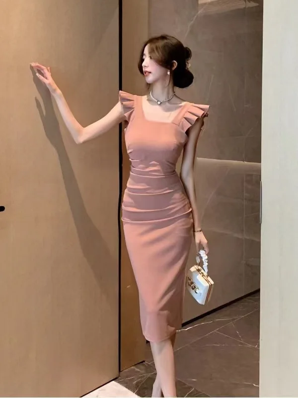 Fashionable dress for women's clothing in spring 2024 new French niche square neckline with waistband and slimming skirt VDTZ