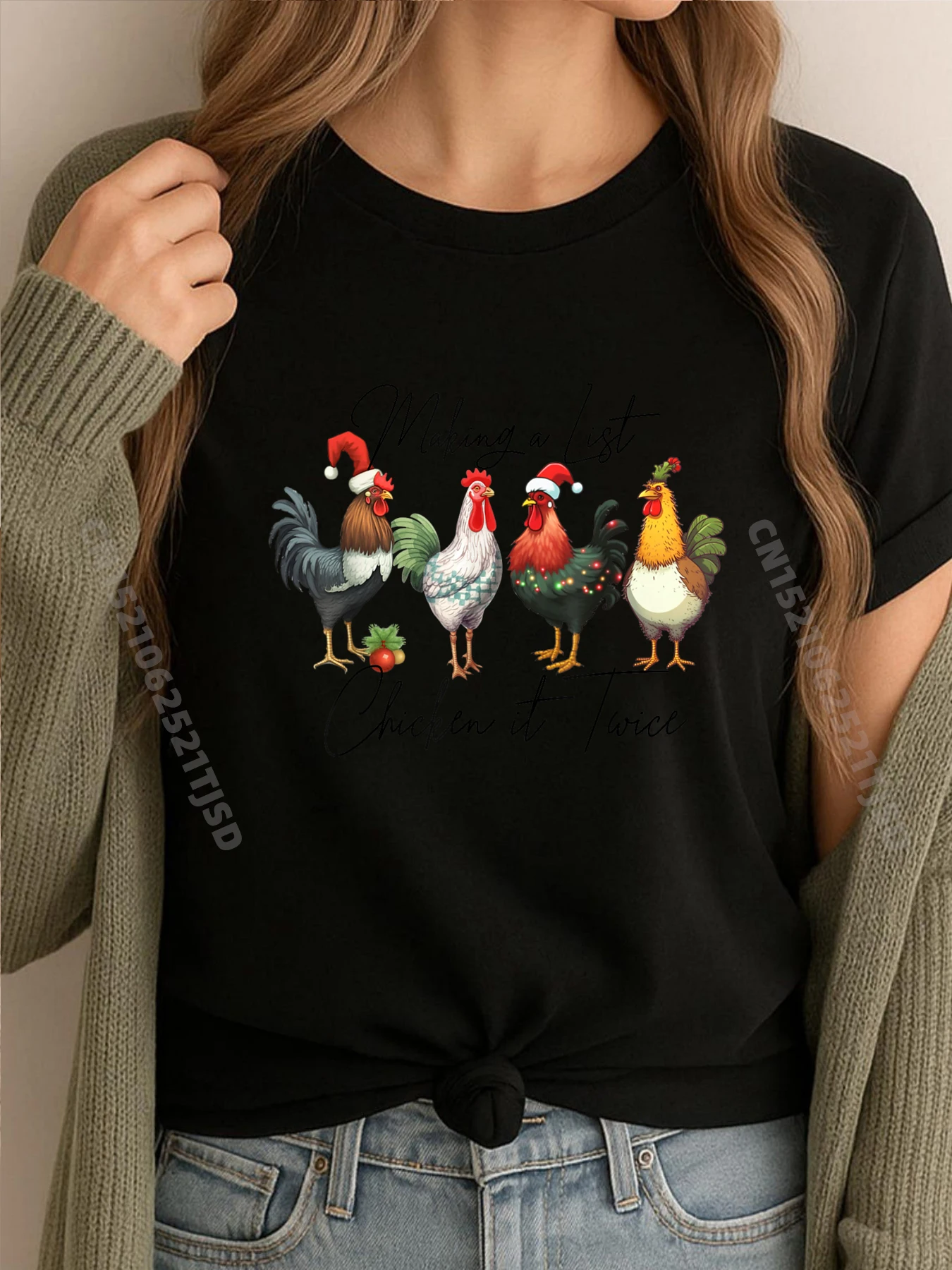 

Christmas Chicken Lover Xmas Santa Hat Farm Green And White Graphic T Shirt Gifts For Woman HOLIDAYS