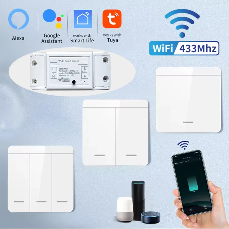 

10A Tuya WiFi Smart Switch 433MHz Relay Module 1/2/3 Gang Wireless Wall Breaker Voice Control Works with Alexa Google Home