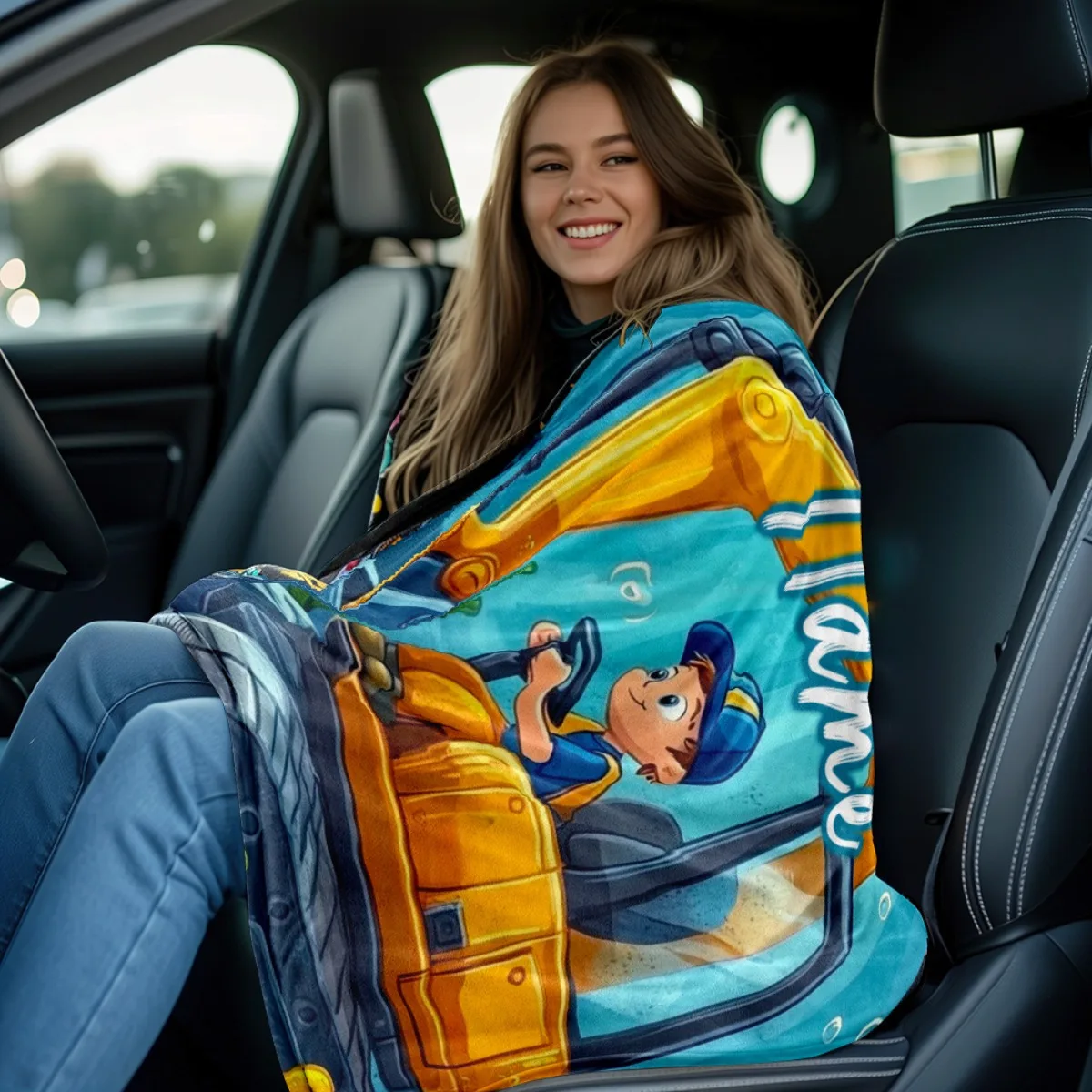 Custom Cartoon Excavator Fleece Blanket Personalized Name Construction Vehicle Print Throw Soft Cozy All Season Kids Bedding