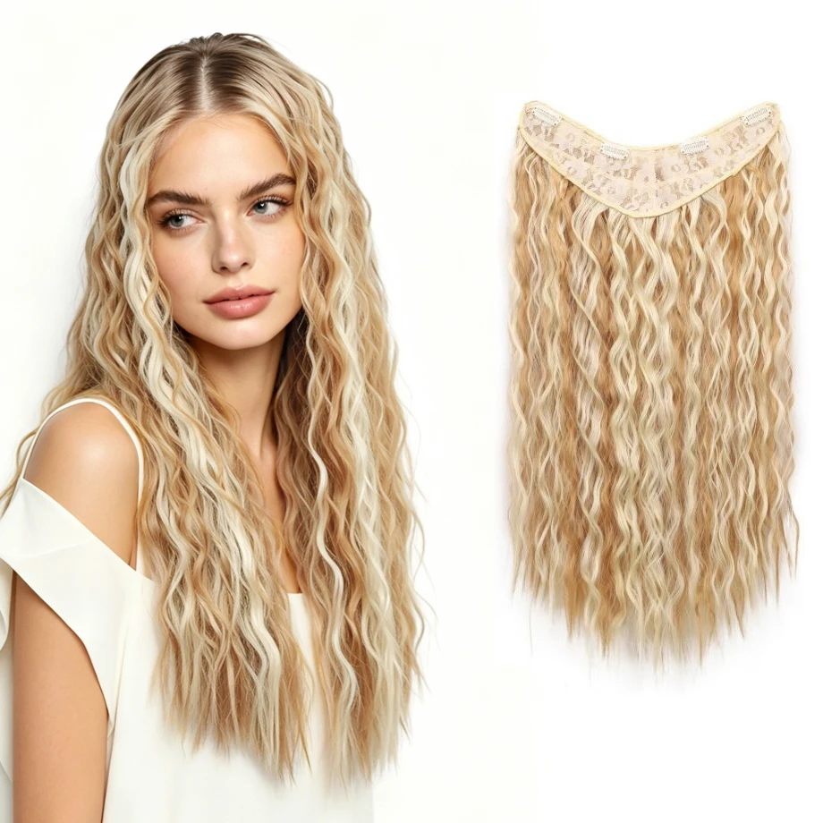 

Water Wave Clip in Hair Extension Synthetic Hair Highlight Silky Soft Natural Look with Invisible Lace Weft Hairpieces for Women