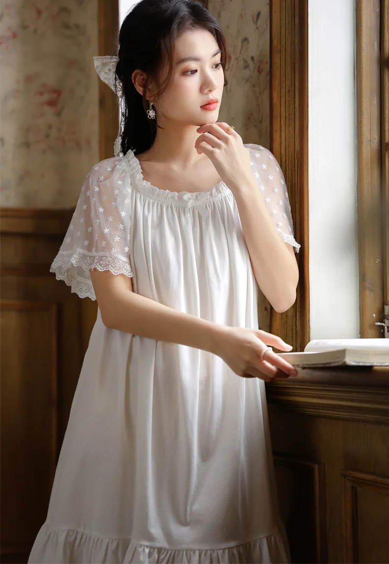 

Women White Short Sleeve Sexy Lace Ruffle Nighty Peignoir Pure Cotton Victorian Night Dress Vintage Nightgown Princess Sleepwear