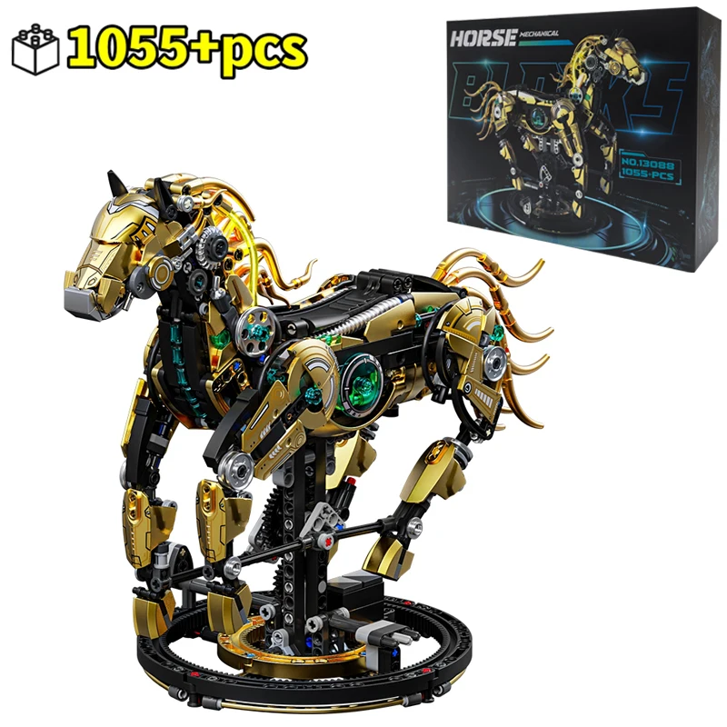 Animal Model Building Kits Creative Technical MOC Blocks Movable Mechanical Horse Shark DIY Engineering Toys Back to School Gift