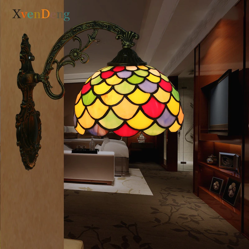 

Tiffany Stained Glass Wall Lamp for Living Room Bedroom Bathroom Light Mediterranean Iron Bar Corridor Loft Decor LED Wall Light