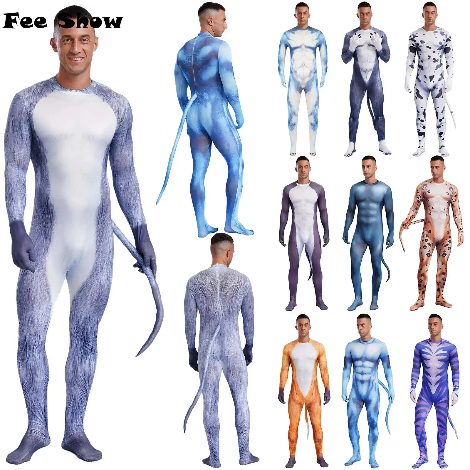 Herren 3d gedruckt Tier Bodysuit Handschuhe Ärmel gepolstert Schwanz Fuß Ganzkörper Jumps uit Cosplay Kostüme für Halloween-Party