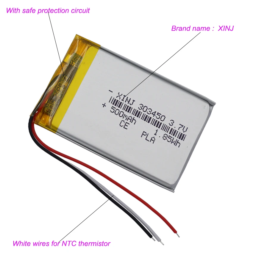 3.7V 500mAh 1.85Wh Li แบตเตอรี่ลิเธียม 303450   NTC 3 สาย JST 3Pin 1.0/1.25/1.5/2.0/2.54 มม.สําหรับ GPS ลําโพงบลูทูธ dashcam