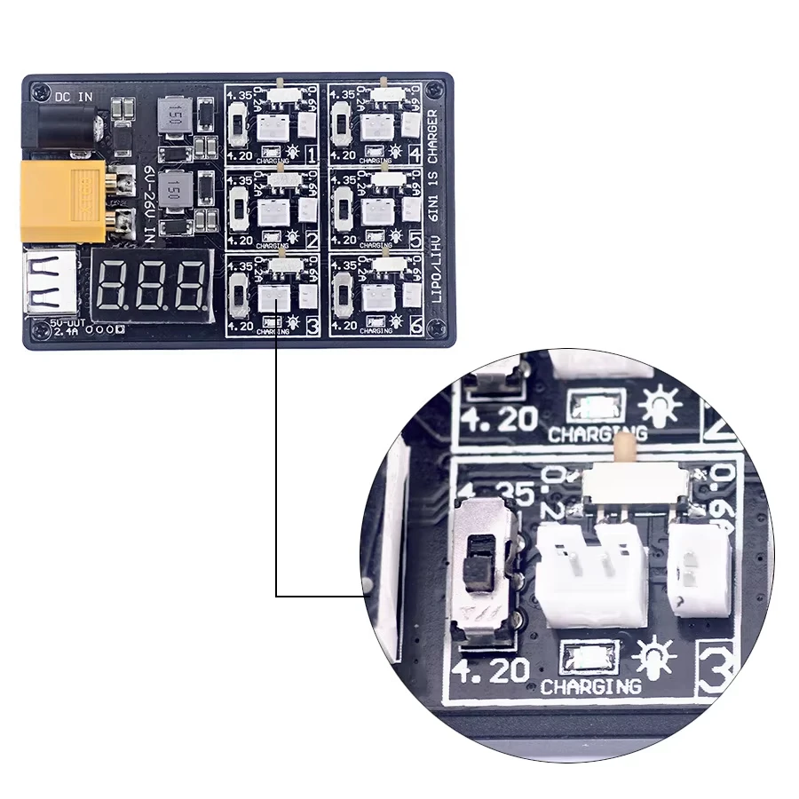 6 in 1 3.7V 3.8V 1S Lipo LiHv Battery Charger Board for Tiny 6 7 QX65 Mobula7 Mobula 6 RC Quadcopter FPV Racing Drone