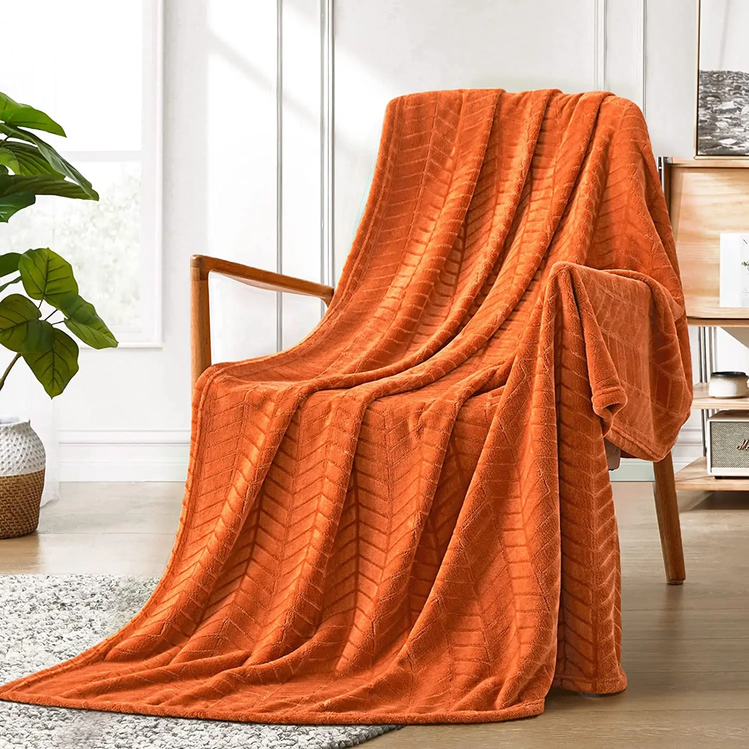 

Soft Brushed Flannel Throw Blanket Burnt Orange Fleece Blankets Chevron Pattern for Sofa, Chair, Couch - Fluffy Warm Cozy