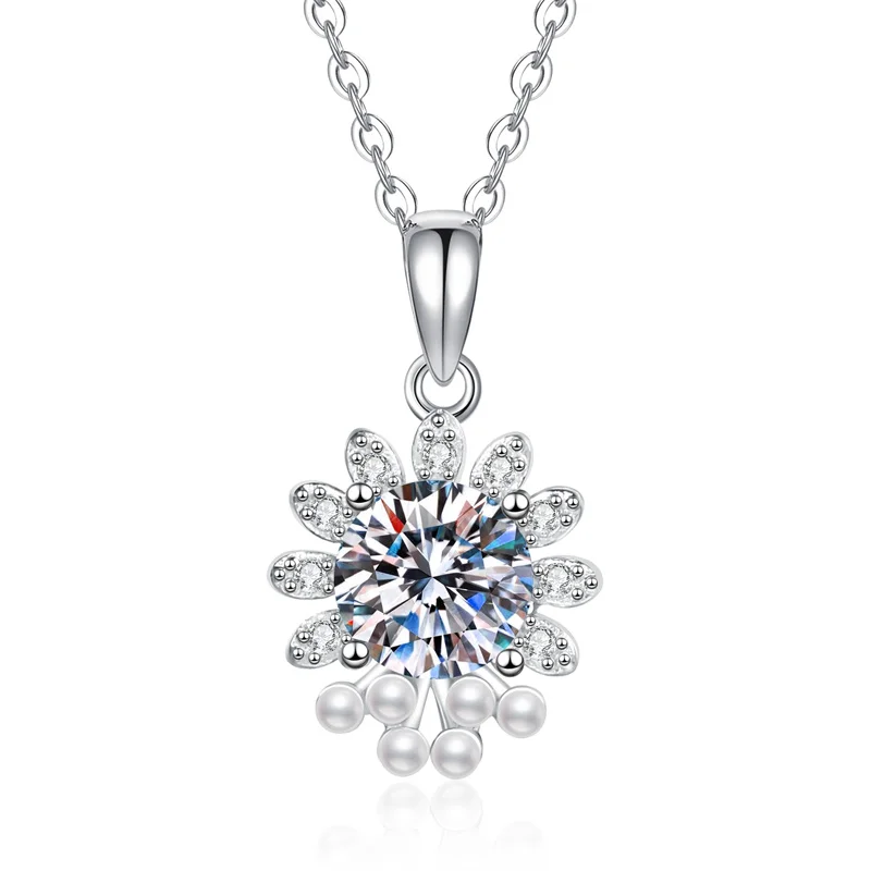 

ZFSILVER Fashion Trendy Classic 925 Silver Moissanite Pearl Flower Necklace For Charm Women Accessories Party Jewelry Gift XL442