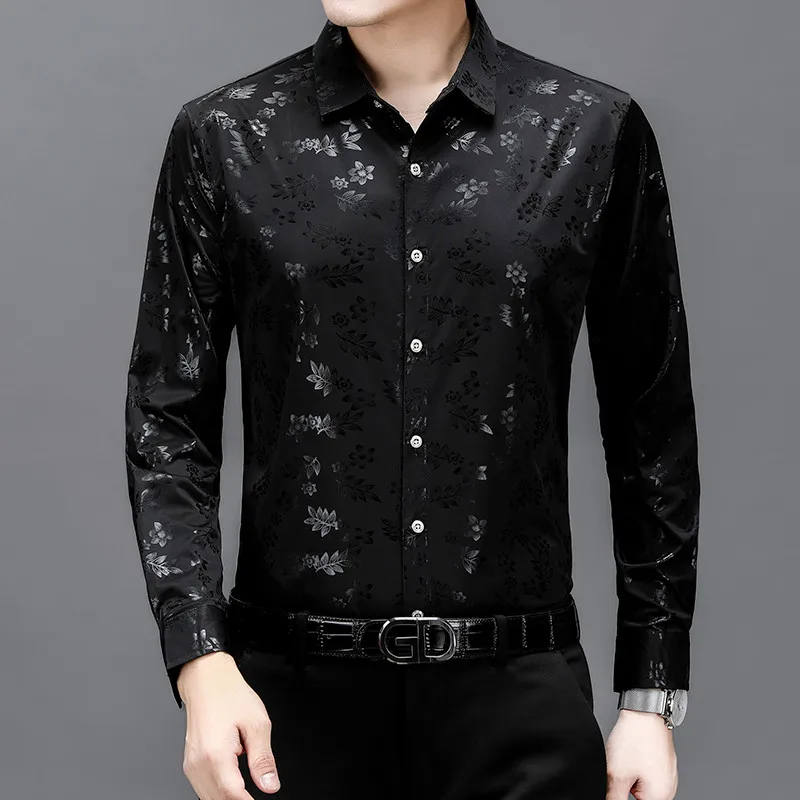 2024 Autumn Tops Black Gentleman Gents Casual Shirts Business Mens Clothing Large Sizes Fashion Work Office Wear Husband Dress