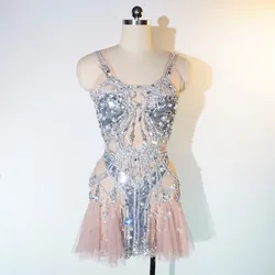 Sexy pink mesh see -through skirt pearl glitter rhinestone backless short evening dress stage singers dance clothing Nightclub
