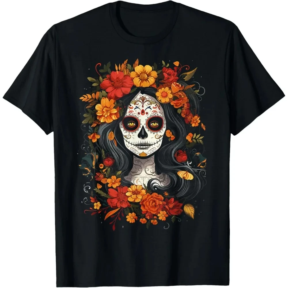 2026 Unisex T‑Shirt Sugar Skull Day of The Dead Vintage Gothic Halloween Mexican Style Short Sleeve Apparel