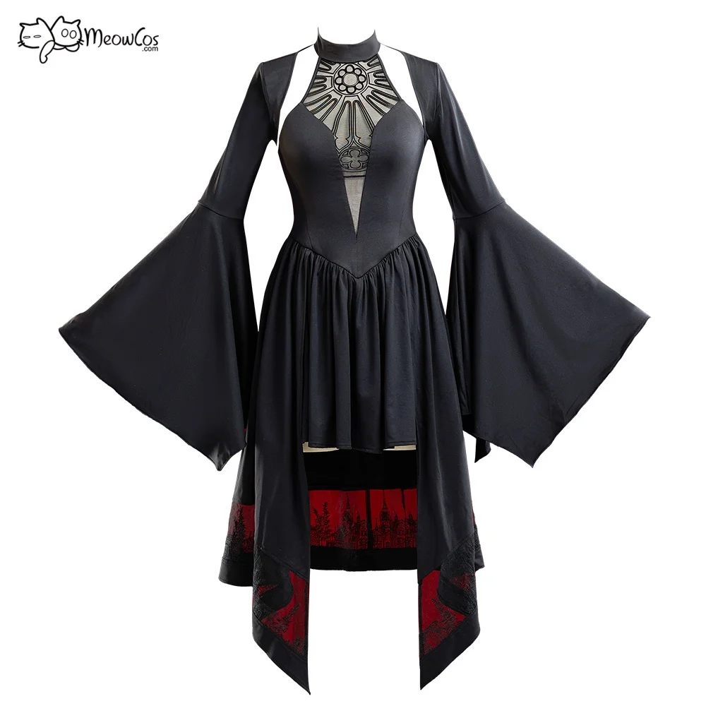 

MEOWCOS Women Romance Medieval Gothic Costume Black Halter Irregular Dress with Flared Sleeve Short Jacket Cosplay Costume