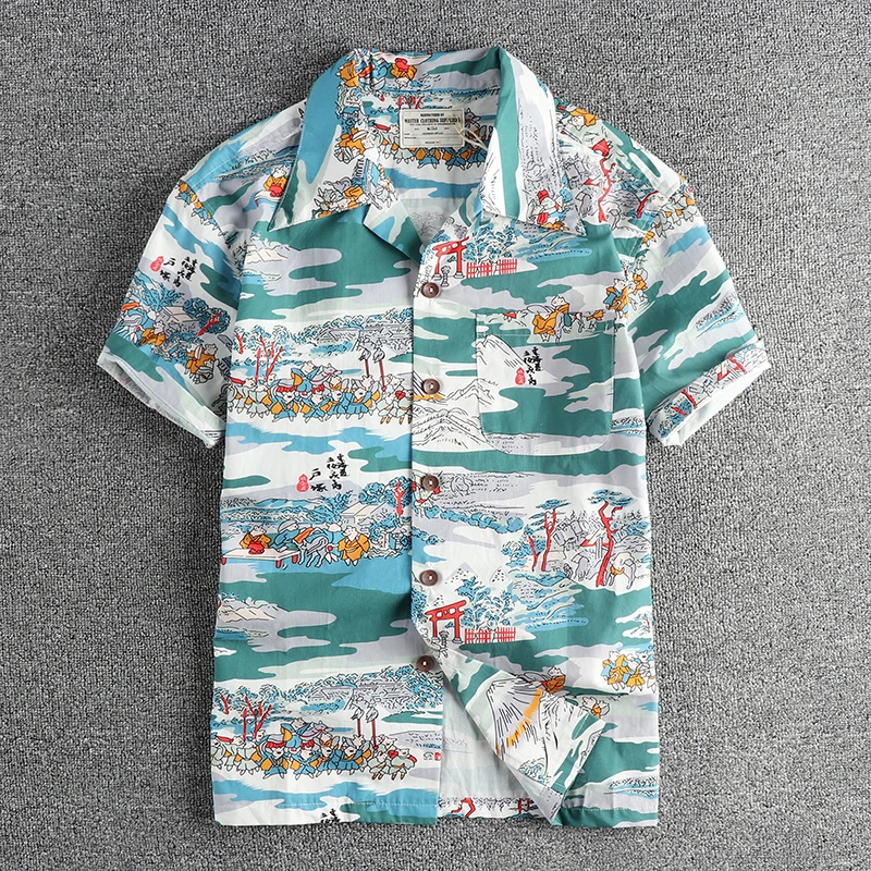 

Summer New American Retro Short Sleeve Cuban Collar Hawaiian Print Shirt Men's Fashion Seaside Beach Loose Casual Flower Blouses