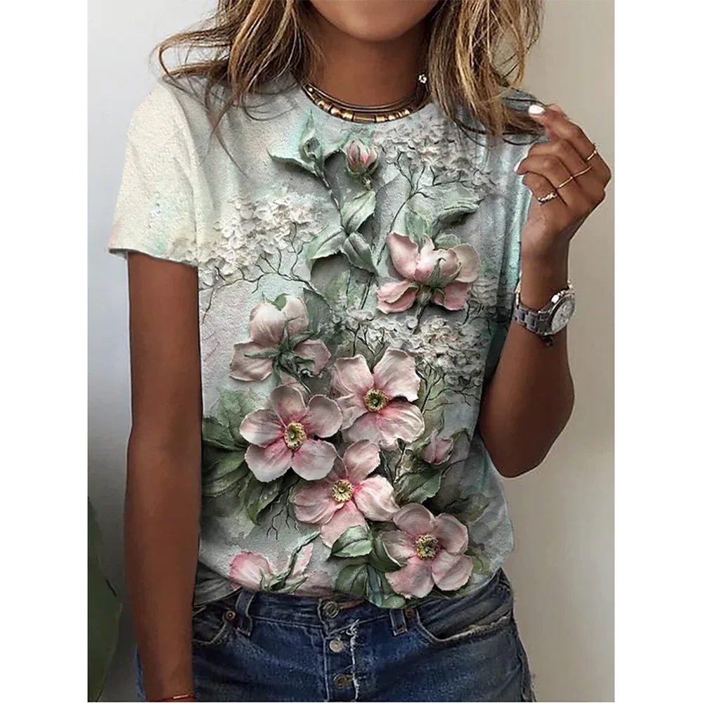 Camiseta 3D com decote em O com flores feminina, manga curta, camiseta casual de rua, roupas soltas, roupas femininas, nova moda, venda quente, verão