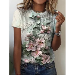 Summer Hot selling New fashion 3D Flower Print Women O-Neck T-Shirts Short Sleeve Casual Street Tee Loose Clothes Female Clothin