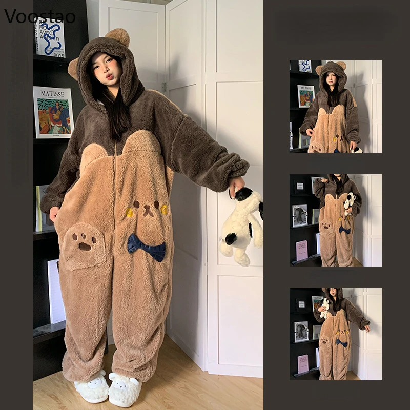 Sweet Bear Hooded Onesies Women Pajamas Cute Pijama Winter Fleece Warm Sleepwear Kawaii Lady Nightwear Pyjamas Jumpsuit Homewear