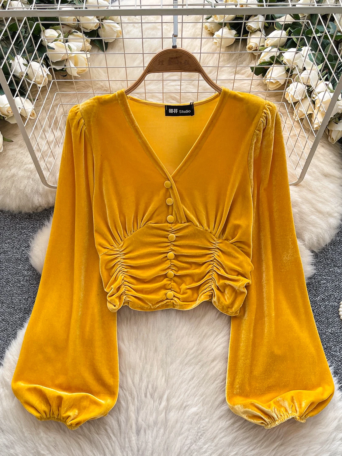 

Женская модная универсальная блузка Ele ort Velvet с V-образным вырезом, плиссировкой, приталенная, с рукавами-фонариками, повседневная, дышащая