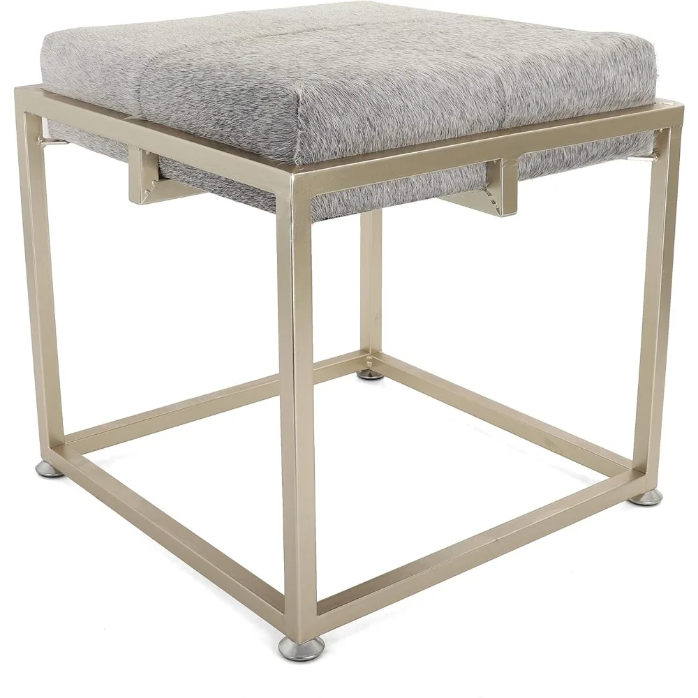 Rutledge & King Cowhide Ottoman/Vanity Stool - Square Ottoman Stool - White Ottoman/Grey Ottoman Foot Rest - Cowhide Grey & Whit