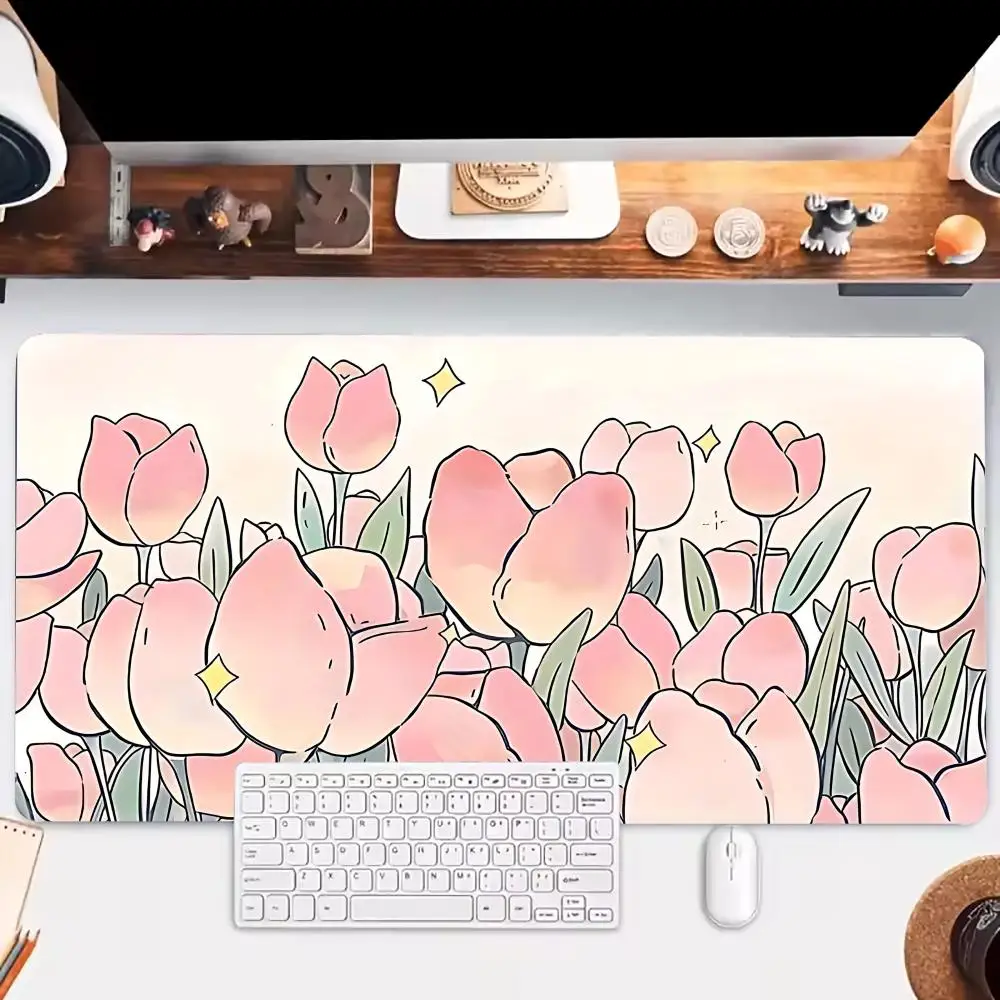 

Pink Tulips Mouse Pad Large Desk Accessory Aesthetic Office Accessories Gaming Mousepads Non-slip Laptop Tablet Mat PC Playmat