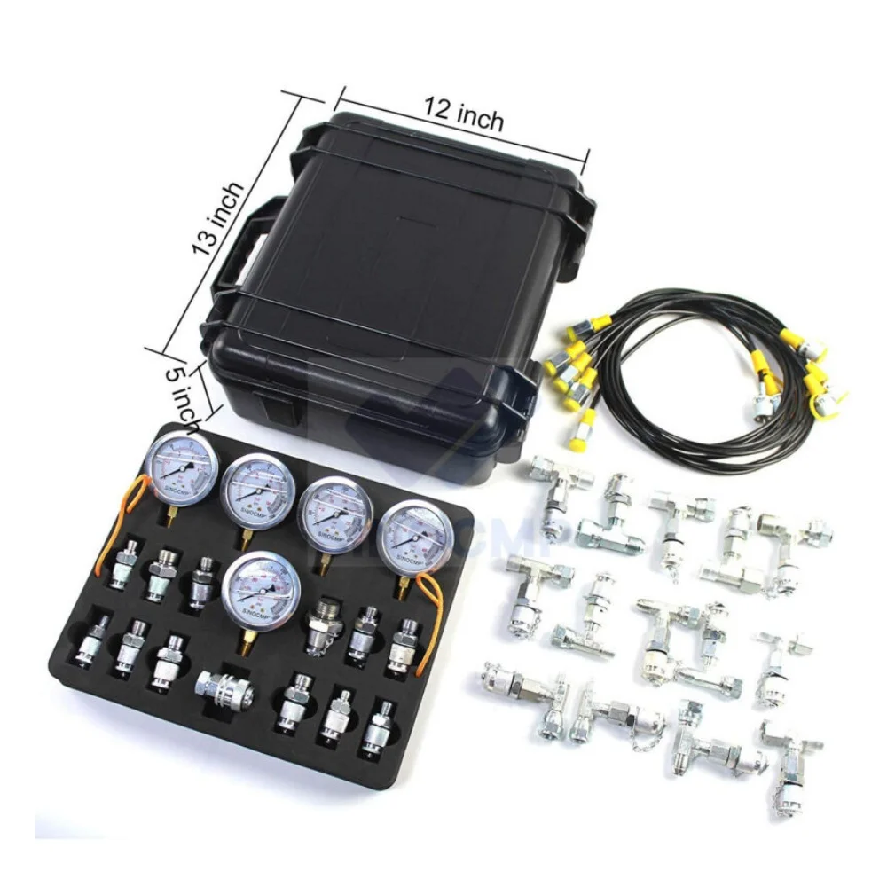 1set Excavator Hydraulic Pressure Test Kit with 5 Gauges 1Mpa/10Mpa/25Mpa/40Mpa/60Mpa, 13 Test Couplings & 14 Tee Connectors