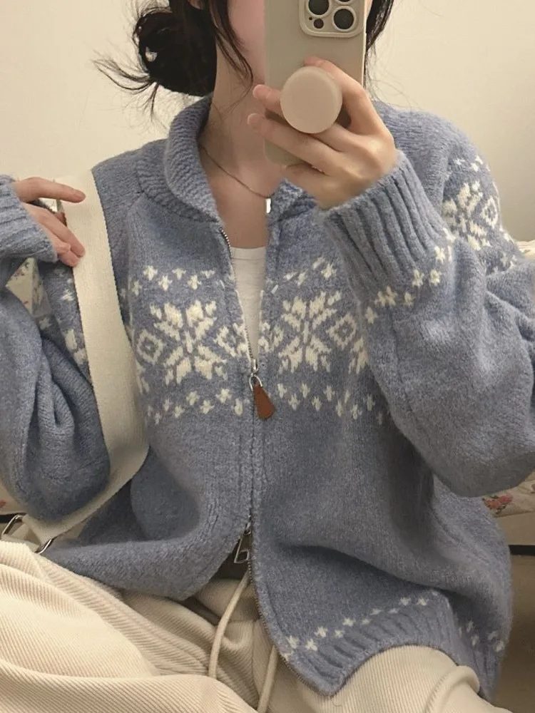 

Chic Autumn Winter Loose Fit Long Sve Knitted Sweater Women's Faion Retro Color Blo Design Versatile Outerwear Coat