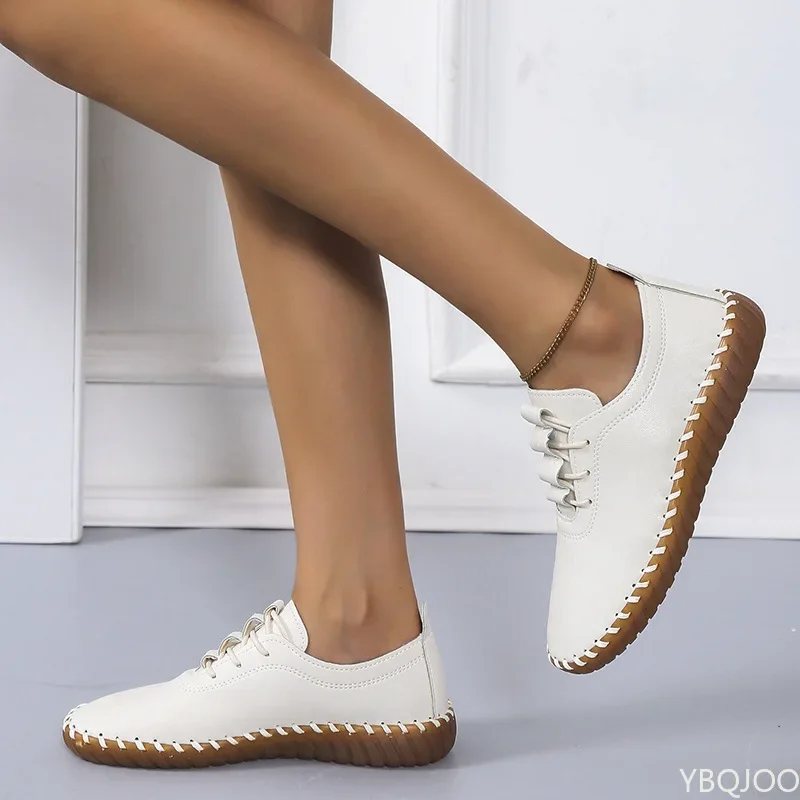 Zapatos planos de primavera para mujer, calzado informal con cordones para uso diario, de cuero genuino, con músculos de vaca, fondo suave, costura hecha a mano, 2022