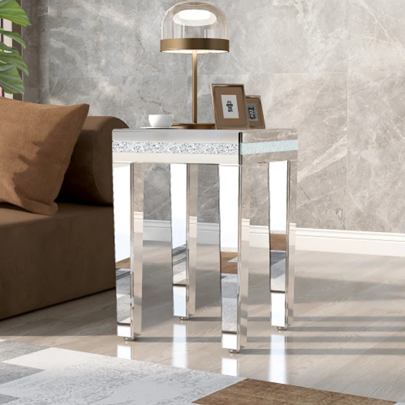 

Fashionable Modern Glass Mirrored Side Table, Easy Assembly End Table with Crystal Design and Adjustable Height Legs, Silver