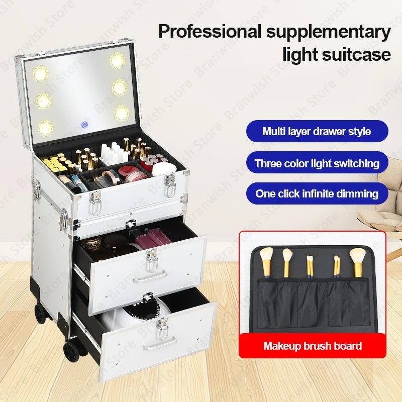 Beauty Professional Rolling Makeup Case With Mirror Manicure Trolley Case Makeup Storage Organizer Travel Cosmetic Train Case