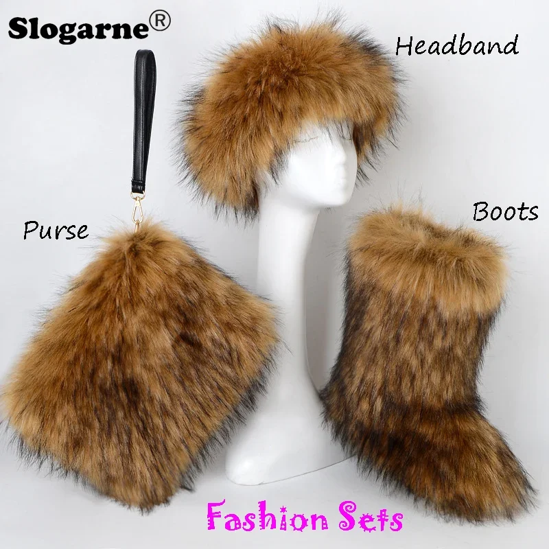 Women's Faux Racoon Fur Boots Fur Purse Winter Fashion Sets Fur Headband Female Luxury Furry Snow Boots Plush Warm Fluffy Shoes