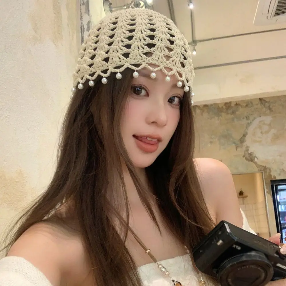 موضة الحلو الكروشيه الجوف محبوك قبعة الخرز شرابات البوهيمي نمط العرقية نمط قبعة رقيقة الجوف خارج نسج قبعة الفتيات #2
