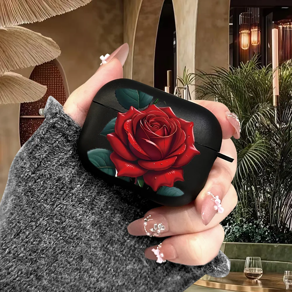 Red Rose Pattern Earphone Protective Cover for AirPods Pro2/Pro3/Pro Anti Drop Earphone Cover for AirPods 4/3/1/2 Anti Shock