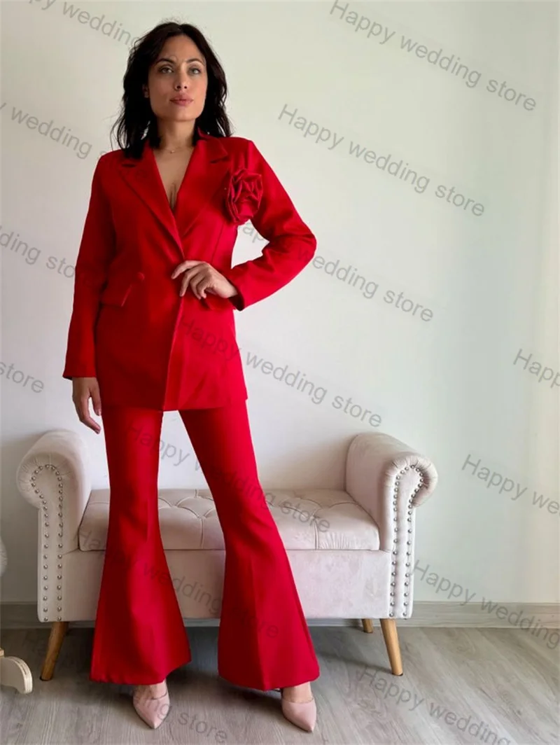 Red Women Suit Pants Set 2 Piece Blazer+Flare Trousers 3D Flower Formal Office Lady Wedding Tuxedo Custom Made Prom Coat Jacket