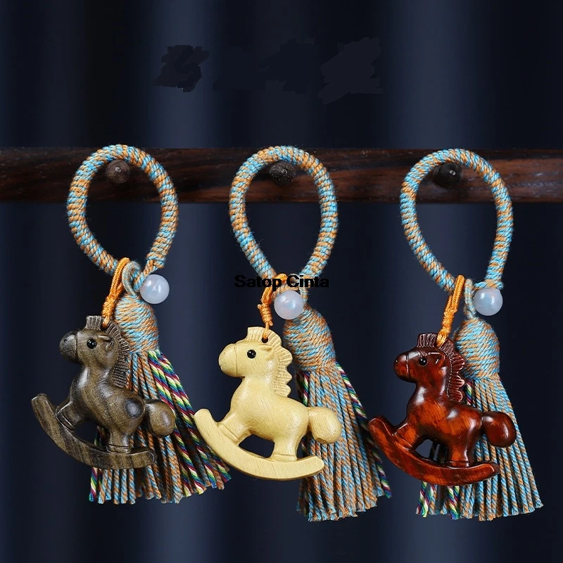 Creative Handmade Wooden Car Keychains Bags Charm Rocking Horse Good Luck Car Hanging Pendants Ornaments Blessing Wealth Healthy
