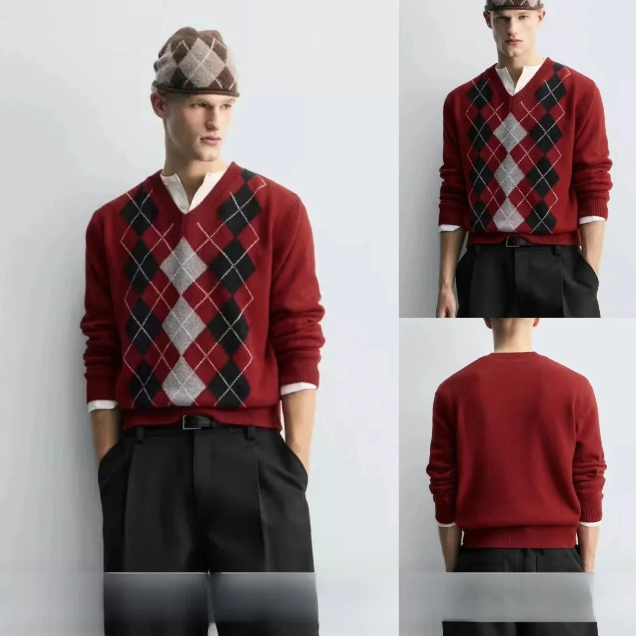 

Новый мужской шерстяной вязаный свитер с V-образным вырезом и ромбовидным узором, повседневная одежда 3920966, комфортный, дышащий, теплый, 100% хлопок