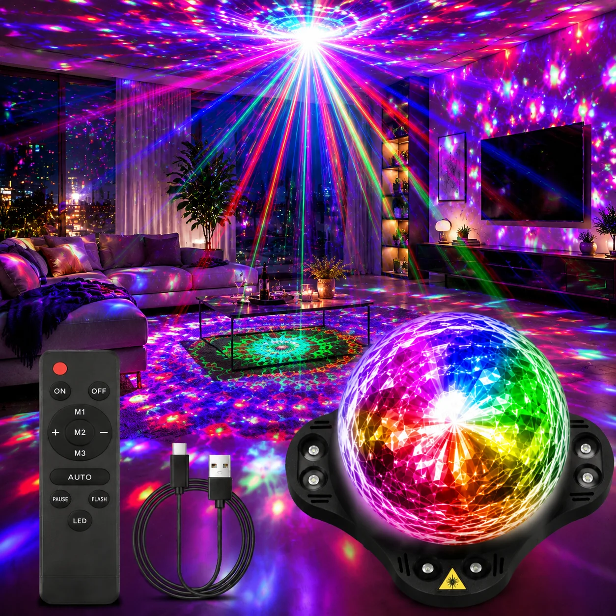 4-in-1 RGB Disco Party Light with Remote Control, Music Sync LED DJ Stage Light, Colorful Dance Lights for Birthday Party, Home