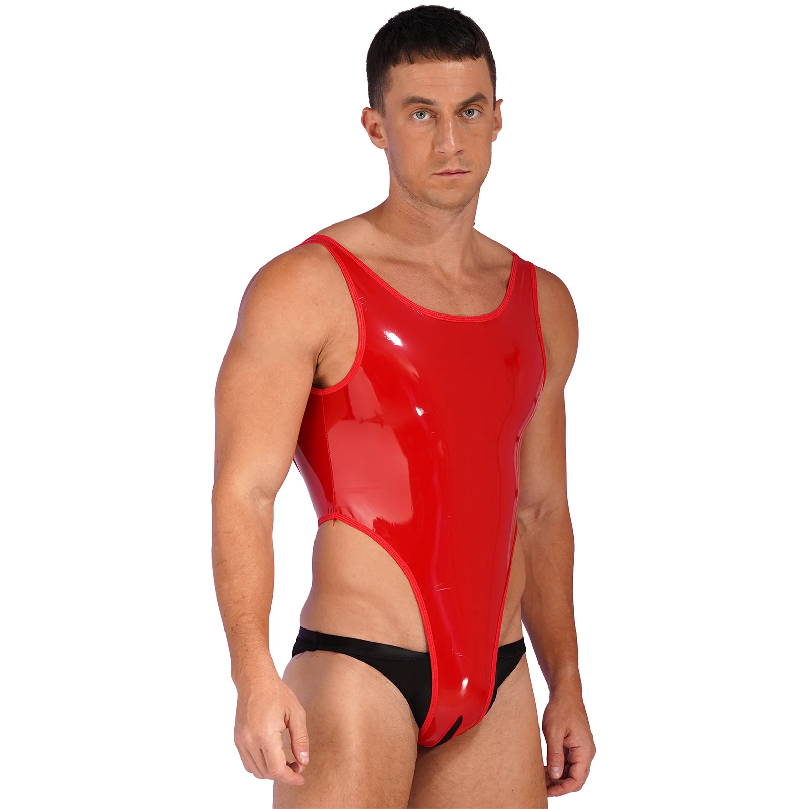 Sexy Mens High Cut Crotchless Patent Leather Bodysuit Catsuit One Piece Wet Look Backless Sleeveless Leotard Clubwear Costume