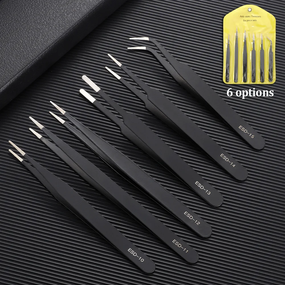 

6pcs Anti-Static Fine Pointed Tip Stainless Steel Black Tweezers Straight Curved Watch Repair Tools Nail Art Tool Clamping Tool