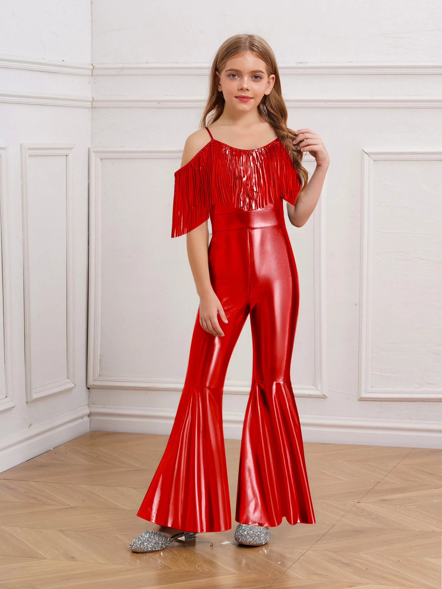 Festive Fashion Romper Sequins Tassels Sparkly Jumpsuits 6-16 Girls Shinny Flared Jumpsuit Mainstream Festival Costumes